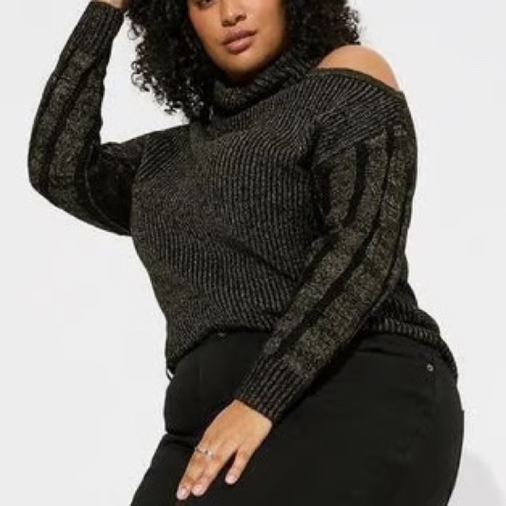 TORRID Black Gold Metallic Lurex Cable Knit Open Shoulder Turtle Neck Sweater